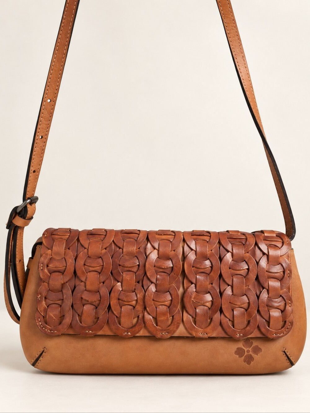 Patricia Nash Pisticci Chainlink Leather Crossbody Bag Cognac Boho Flap EUC